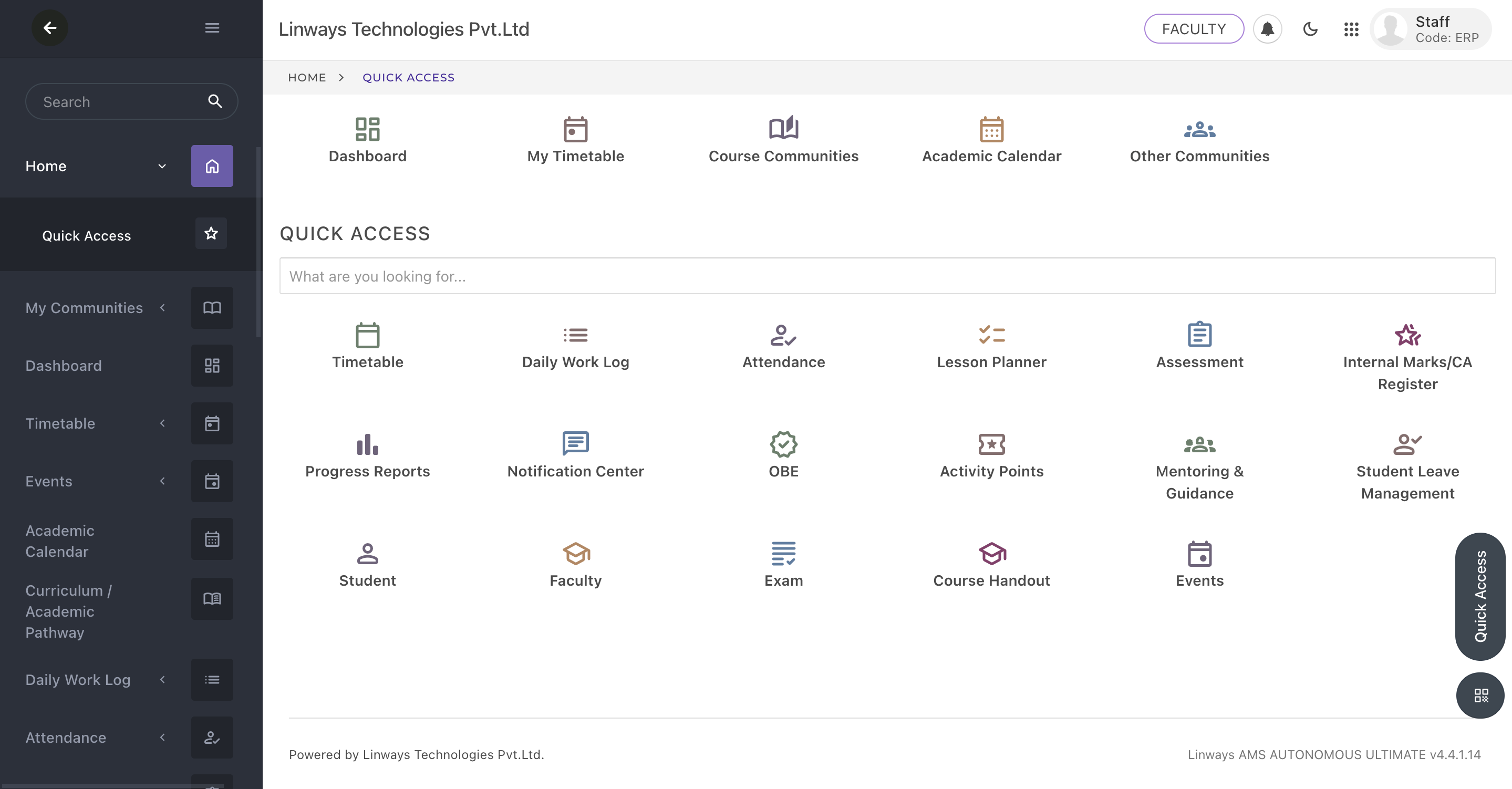 Linways faculty quick access module grid